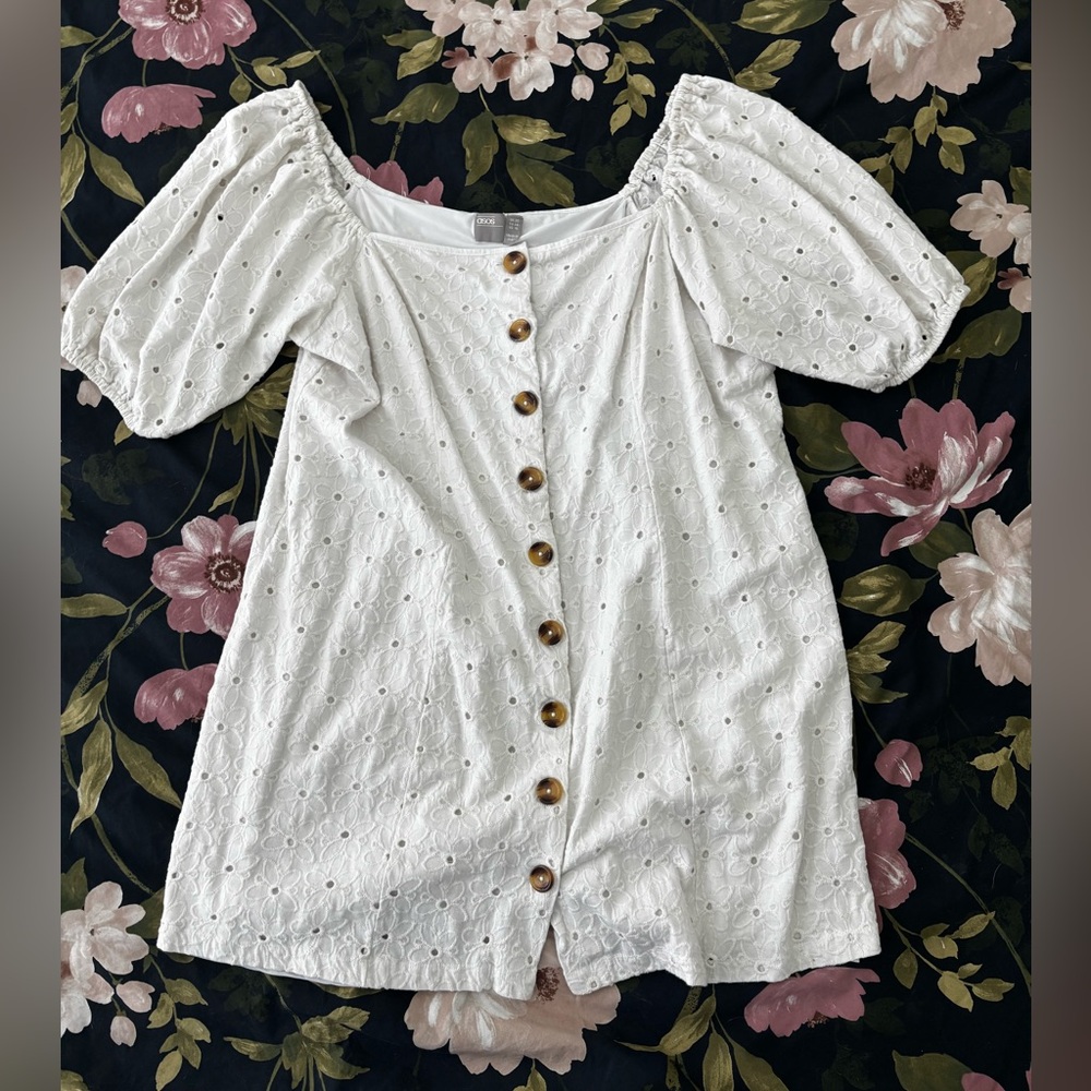 ASOS White and Gold Puff Sleeve Ruffled Dress